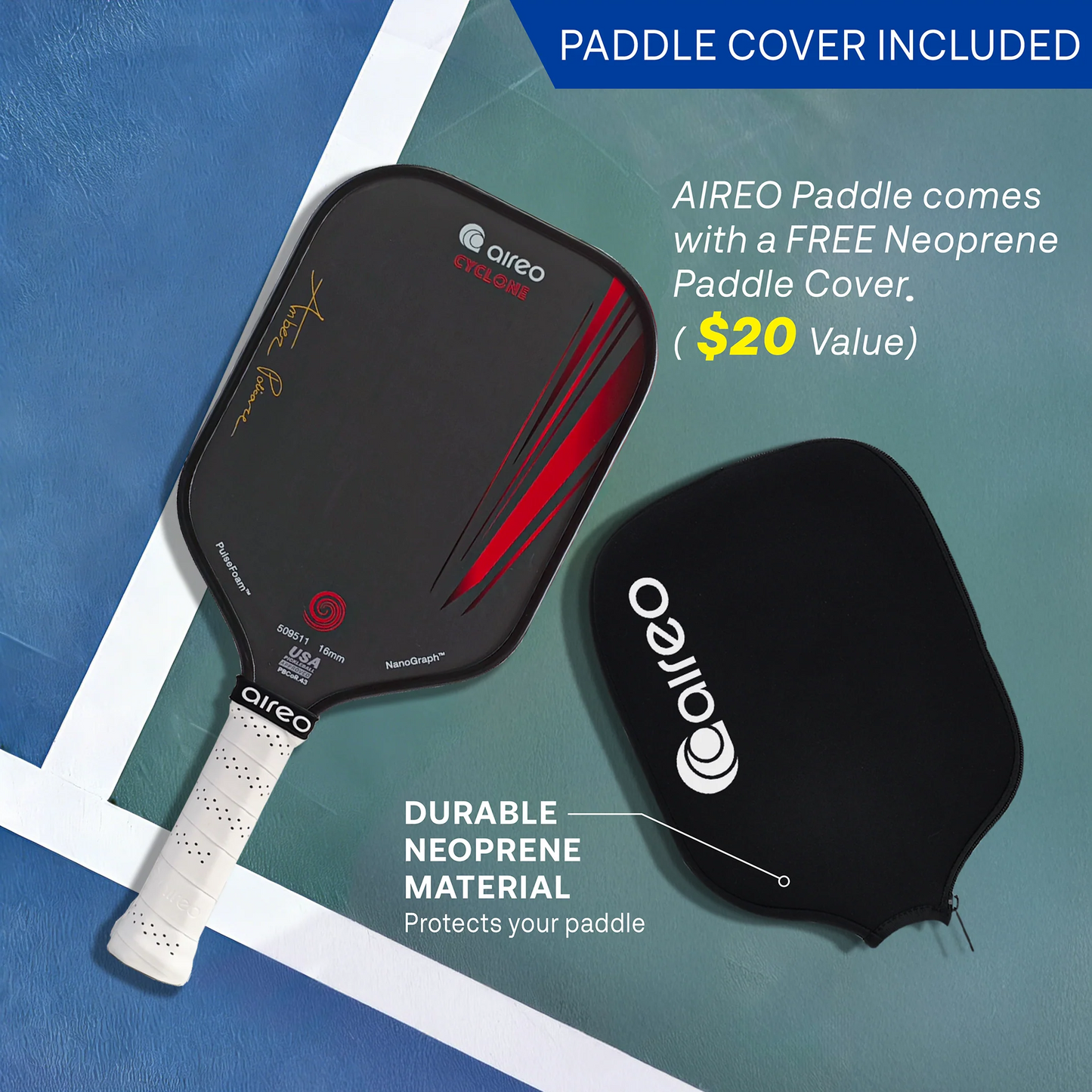 AIREO Cyclone AP Signature Edition 16mm Pickleball Paddle – NanoGraph Grit Surface