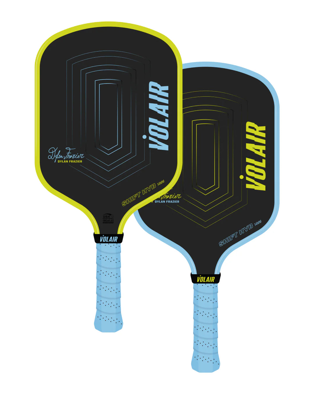NOW AVAILABLE FOR PRE-ORDER – Volair SHIFT HYB Pickleball Paddle 14mm Dylan Frazier Signature Edition – Neon & Light Blue