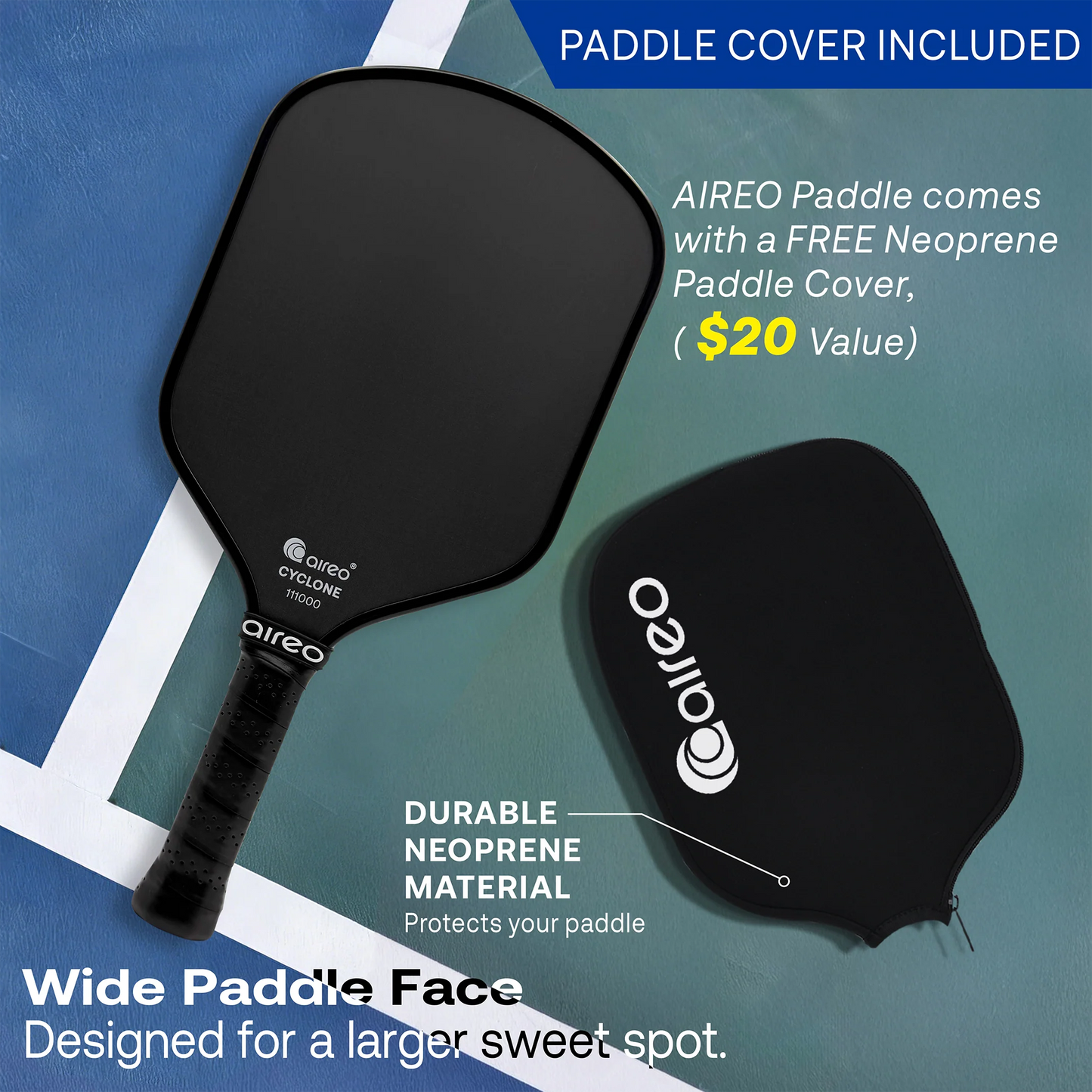 AIREO Cyclone Hybrid 16mm Blackout Pickleball Paddle – NanoGraph™ Grit Surface with PulseFoam™ Power Core