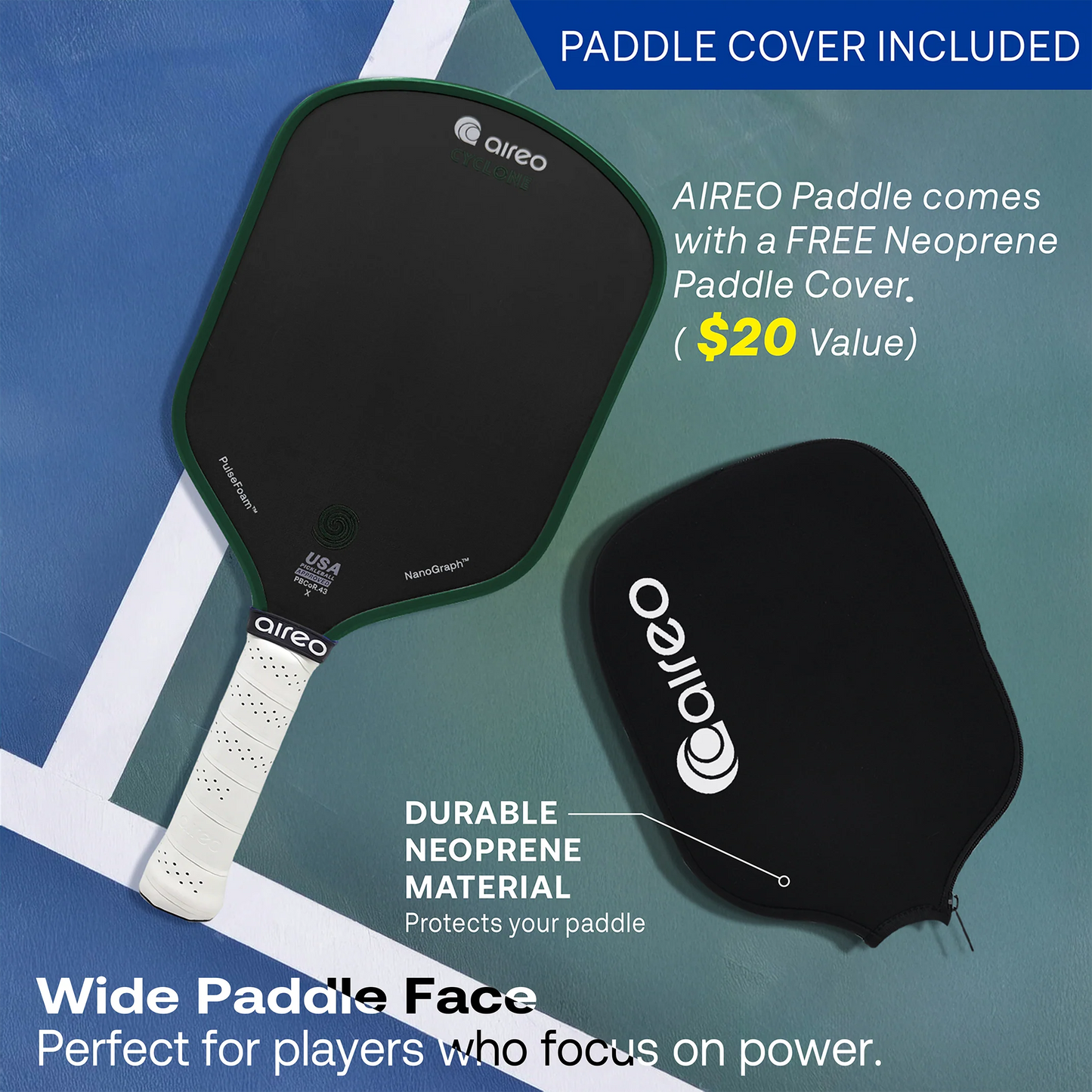 AIREO Cyclone X Hybrid USAP PBCoR .43 Certified 16mm Pickleball Paddle – NanoGraph™ Grit Surface with PulseFoam™ Power Core